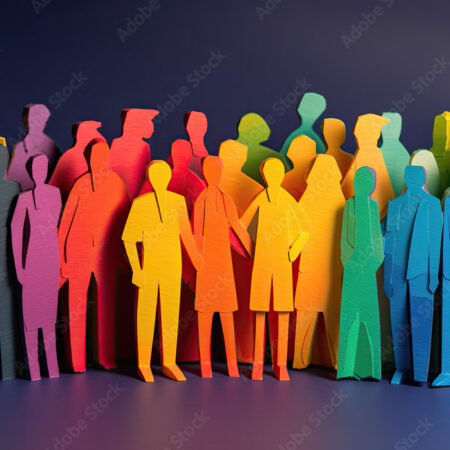 bunte inklusive Gruppe von Menschen, Papierkunst, Regenbogen, Bogen Papier Figuren