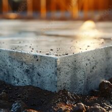 A close-up view of a concrete foundation slab at a construction site, showcasing new building progress and structural development at sunset.